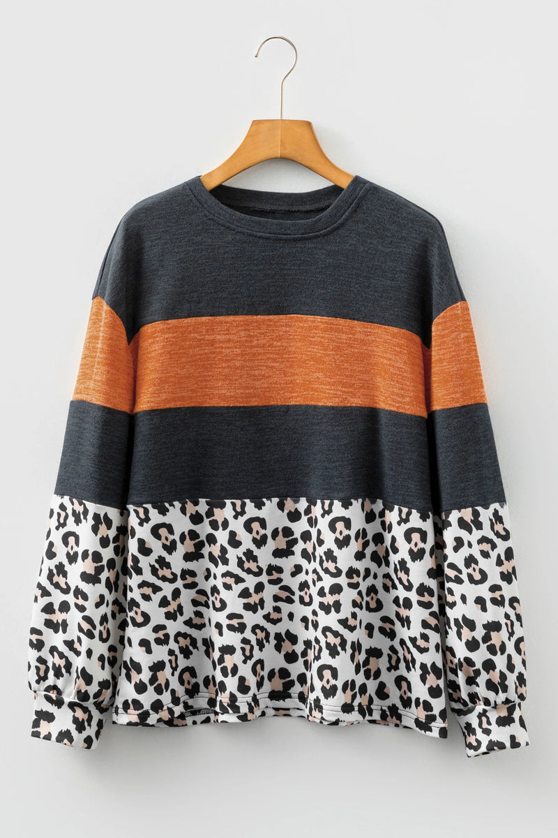 Load image into Gallery viewer, DLLS225 - Ladies Black Color Block Leopard Patchwork Long Sleeve Casual Top
