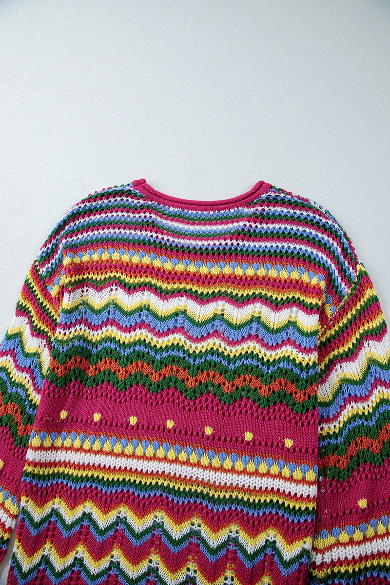 Load image into Gallery viewer, DLLS140 - Ladies Rose Red Colorblock Striped Hollowed Knit Loose Sleeve Sweater
