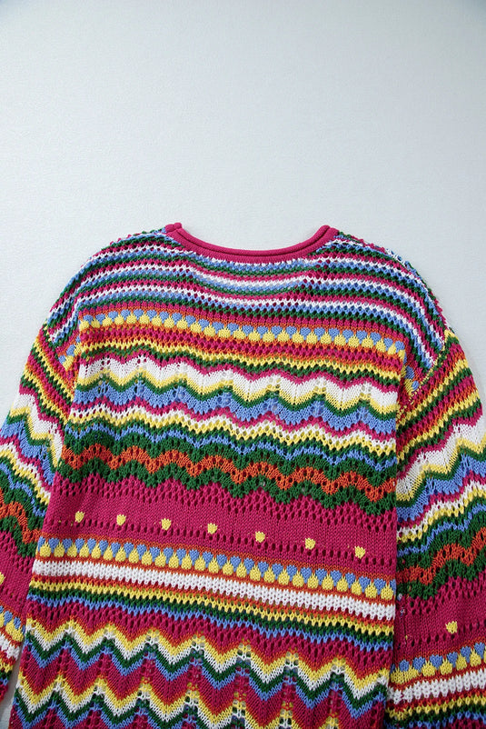 DLLS140 - Ladies Rose Red Colorblock Striped Hollowed Knit Loose Sleeve Sweater