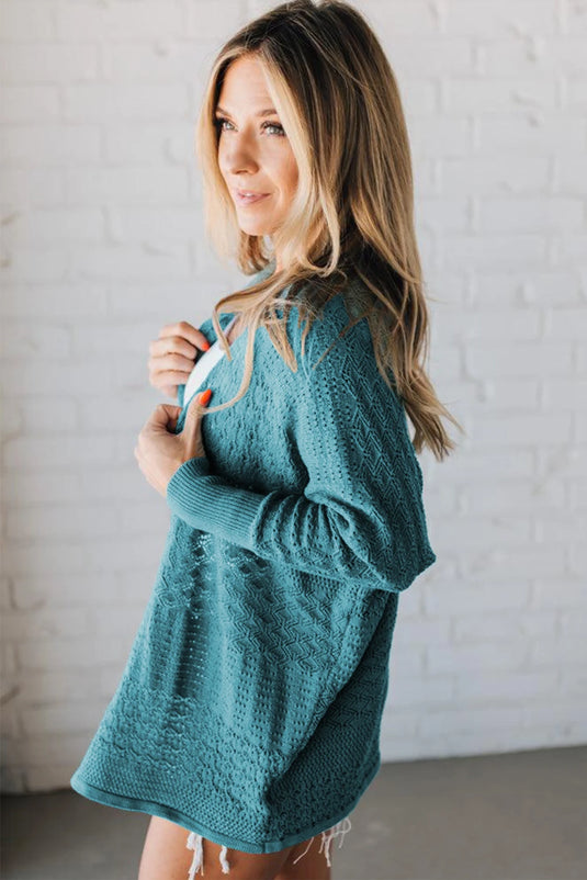 DLLS161 - Ladies Lapis Mix Pattern Hollowed Knit Open Front Cardigan