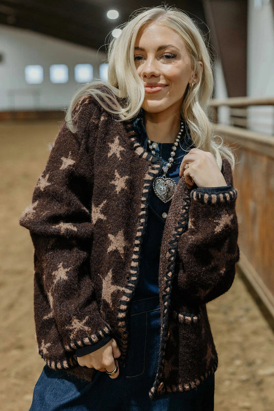 DLLS724 - Ladies Brown Stars Pattern Colorblock Long Sleeve Shift Cardigan