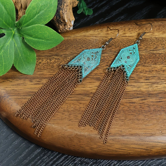 TMER64 - Bronze & Blue Tassle Long Earrings