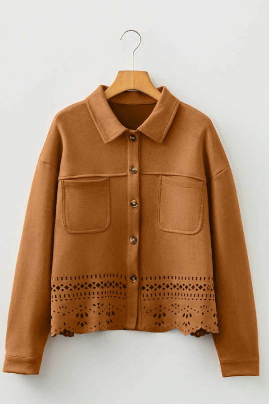 DLLS754 - Ladies Thai Curry Solid Color Faux Suede Hollowed Detail Retro Style Jacket