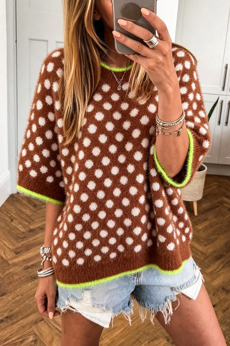 Load image into Gallery viewer, DLLS1079 - Ladies Coffee Polka Dot Contrast Trim Round Neck Half Sleeve Sweater

