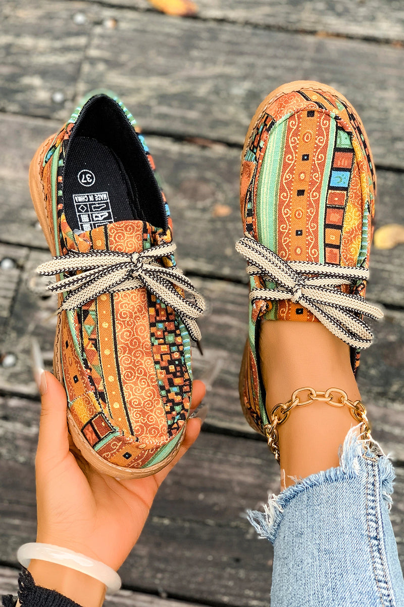 Load image into Gallery viewer, DLLSHOE 6 - Mustard Ethnic Artistic Print Lace-Up Detail Comfort Loafer Shoes
