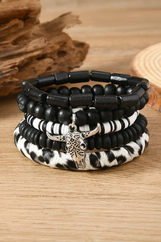 DLLBC 24 - Color Black Timber Beads Western Skull Head Charm 5pcs Bracelet Set