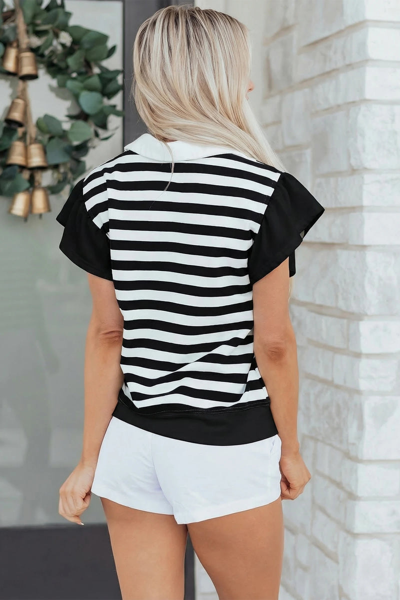 Load image into Gallery viewer, DLLS381- Ladies Black Stripe Collar V Neck Ruffled Short Sleeve Blouse
