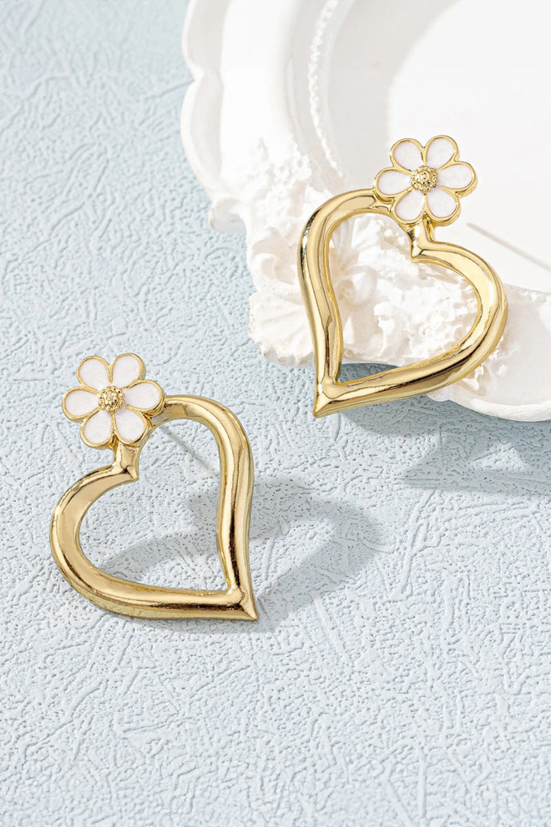Load image into Gallery viewer, DLLER 30 - Gold Daring Hollowed Heart Dainty Flower Studded Earrings
