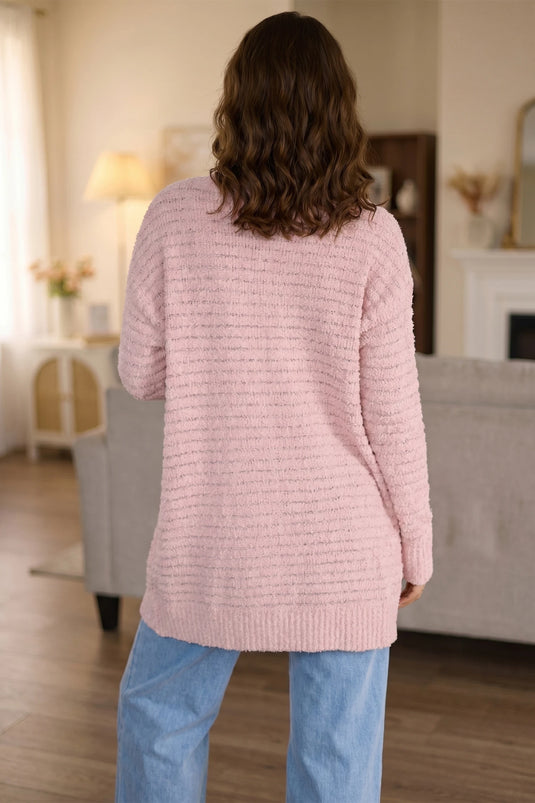 DLLS857 - Ladies Light Pink Open Front Soft Fuzzy Ribbed Sweater Cardigan
