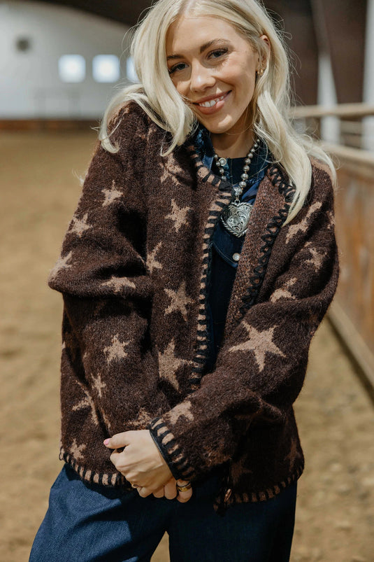 DLLS724 - Ladies Brown Stars Pattern Colorblock Long Sleeve Shift Cardigan
