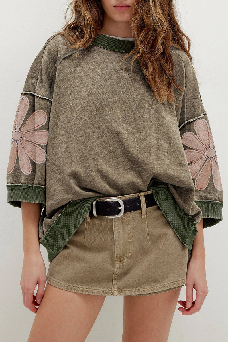 Load image into Gallery viewer, DLLS1096 - Ladies Breen Mineral Wash Raw Seam Patchwork Flower Patched 3/4 Sleeve Oversize Top
