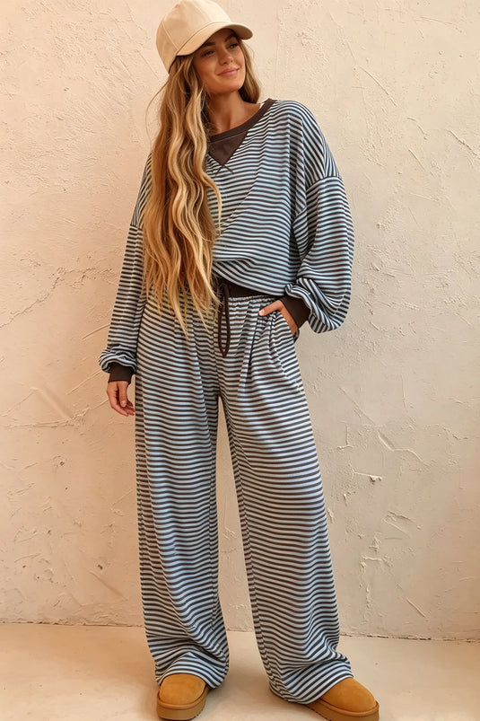 DLLS1053 - Ladies Brown Stripe Drop Shoulder Loose Top and Pants Two Piece Set