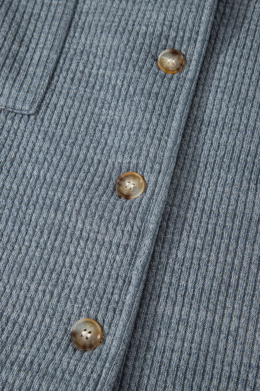 DLLS271 - Ladies Medium Grey Ribbed Knit Buttons Front Flap Pocket Casual Shacket