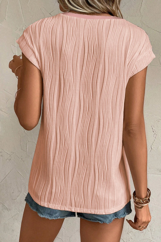 DLLS503 - Ladies Pink Wavy Textured Button V Neck Tee