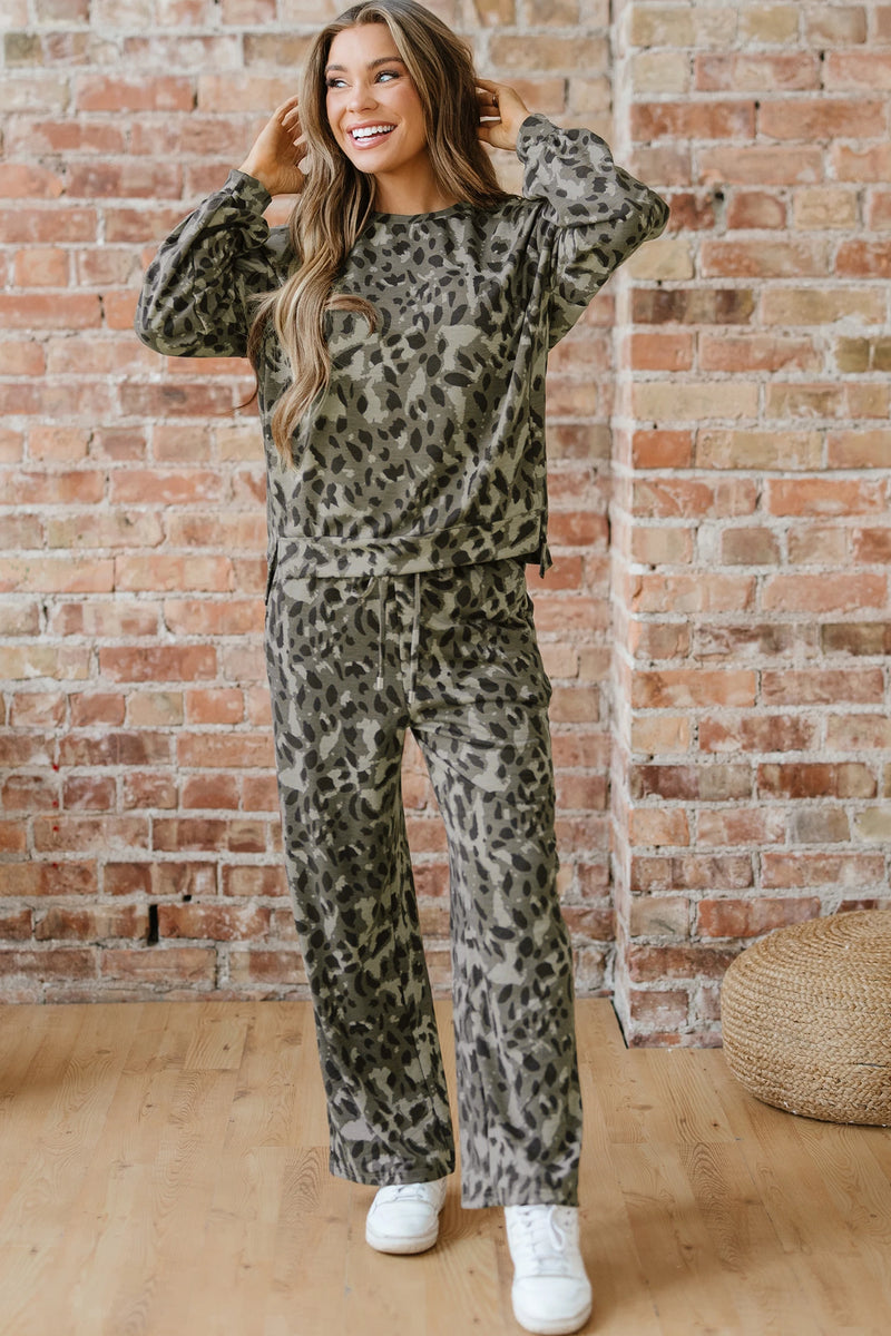 Load image into Gallery viewer, DLLS1018 - Ladies Gray Leopard Print Seam Patchwork Pullover Drawstring Loose Pant Set

