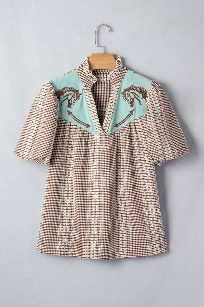 Load image into Gallery viewer, DLLS760 - Ladies Brown Western Pony Embroidered Yoke Puff Sleeve Gingham Blouse
