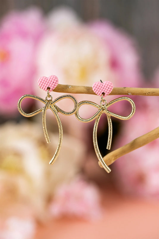 DLLER 27 - Pink Waffled Heart Stud Gold Plated Bow Dangle Earrings