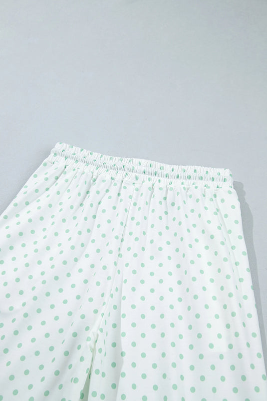 DLLS1088 - Ladies Green Polka Dot Patchwork Colorblock Long Sleeve Casual Two Piece Pants Set