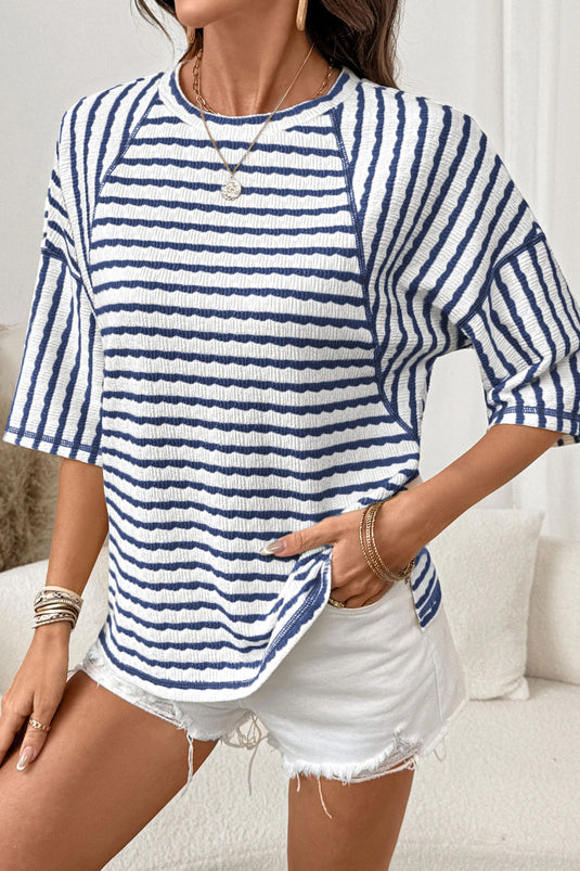 DLLS393 - Ladies Blue Stripe Textured Knit Split Hem Half Sleeve Loose Top