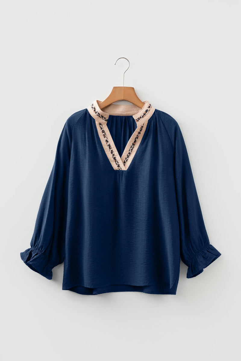 Load image into Gallery viewer, DLLS385- Ladies Blue Leopard Trim V Neck Flounced Bracelet Sleeve Blouse
