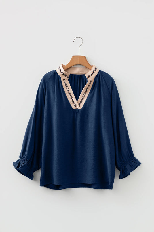 DLLS385- Ladies Blue Leopard Trim V Neck Flounced Bracelet Sleeve Blouse