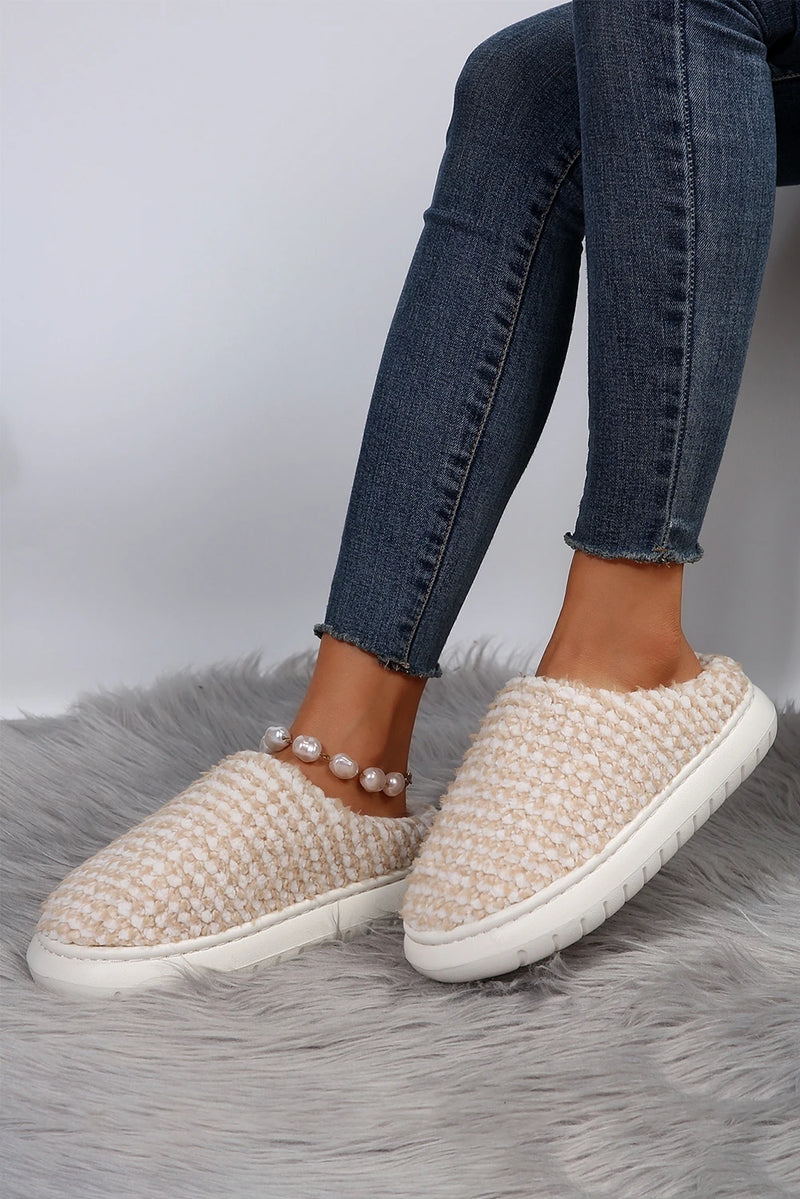 Load image into Gallery viewer, DLLSHOE 193 - Pale Khaki Two-Tone Knitted Warm Homewear Slippers
