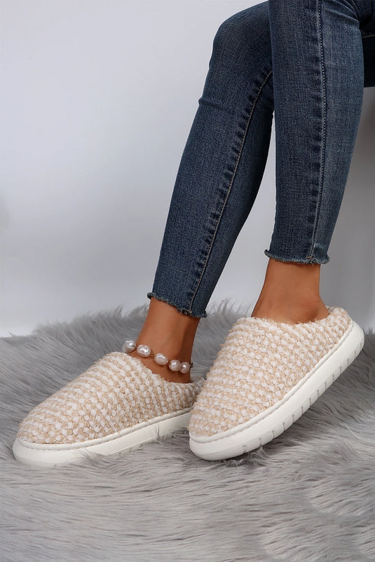 DLLSHOE 193 - Pale Khaki Two-Tone Knitted Warm Homewear Slippers