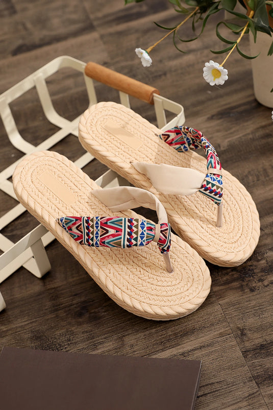 DLLSHOE 79 - Parchment Boho Woven Texture Contrast Straps Flat Flip Flops