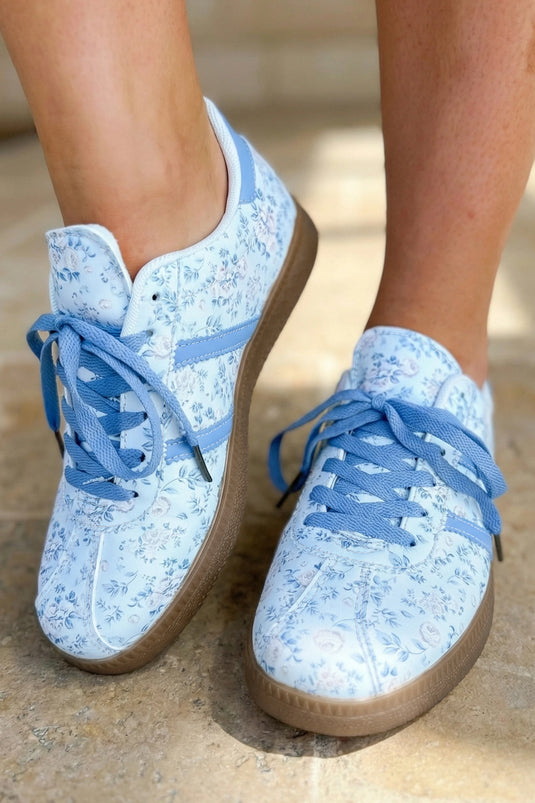 DLLSHOE 49 - Light Blue Floral Print Lace-Up PU Leather Flat Shoes