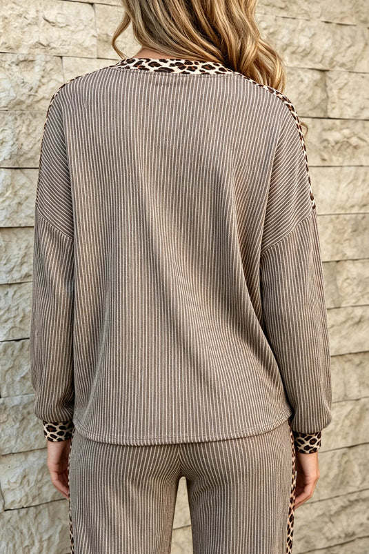 DLLS846 - Ladies Cozy Ribbed Patchwork Leopard Trim Long Sleeve 2pcs Set