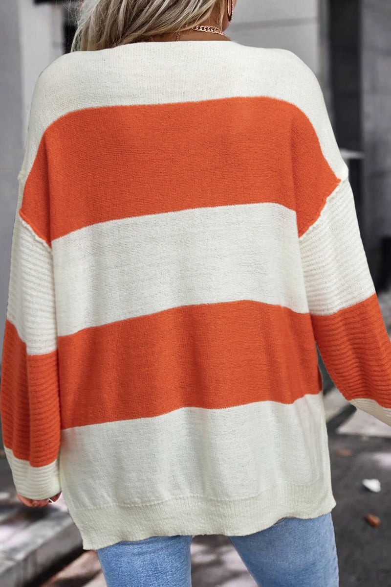 Load image into Gallery viewer, DLLS217 - Ladies Orange Stripe Loose Color Block Drop Shoulder Bubble Sleeve Sweater
