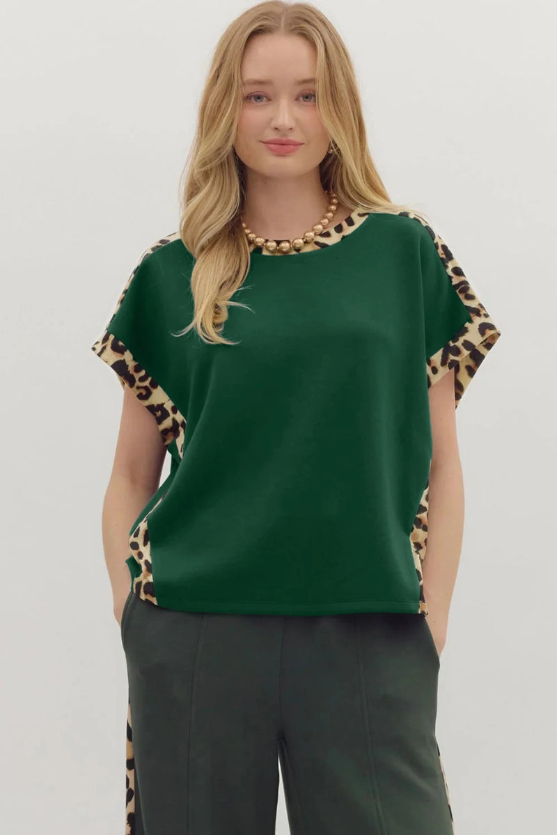 Load image into Gallery viewer, DLLS510 - Ladies Sea Green Leopard Trim Round Neck Loose T Shirt
