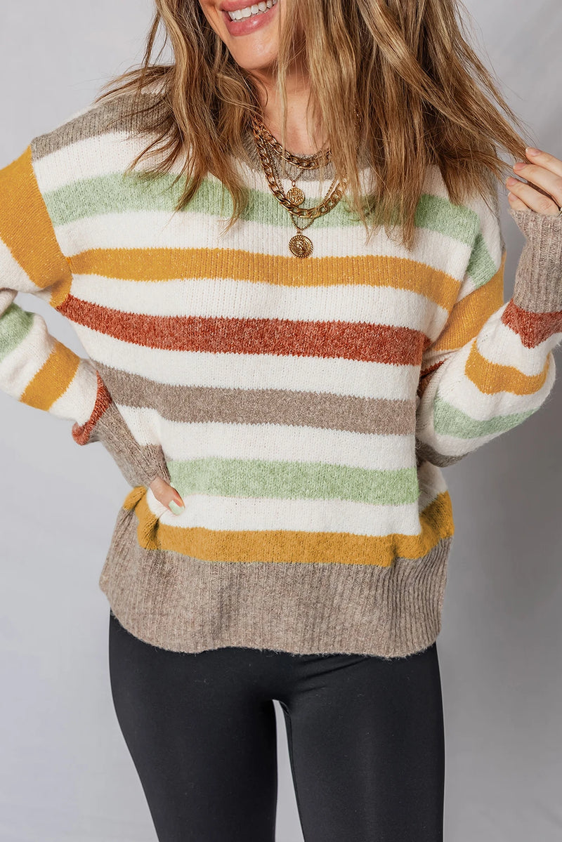 Load image into Gallery viewer, DLLS291 - Ladies Multicolour Stripe Drop Shoulder Crew Neck Sweater
