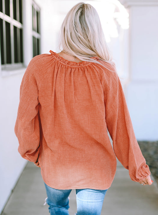 DLLS106 - Ladies Orange Crinkle Textured Frill Split Neck Puff Sleeve Blouse