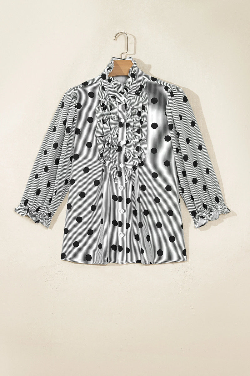 Load image into Gallery viewer, DLLS1138 - Ladies Black White Polka Dot Striped Print Ruffle 3/4 Sleeve Shift Shirt
