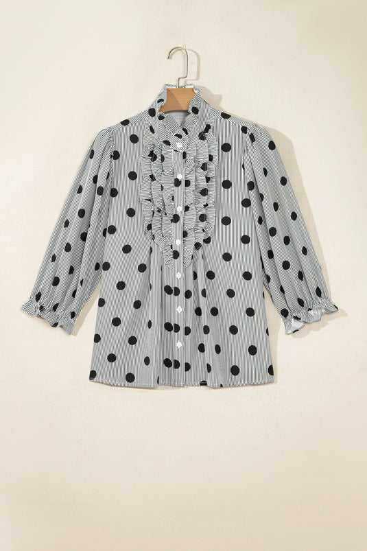 DLLS1138 - Ladies Black White Polka Dot Striped Print Ruffle 3/4 Sleeve Shift Shirt