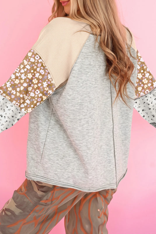 DLLS973 - Ladies Light Grey Color Block Floral Waffle Mixed Patchwork Long Sleeve Top