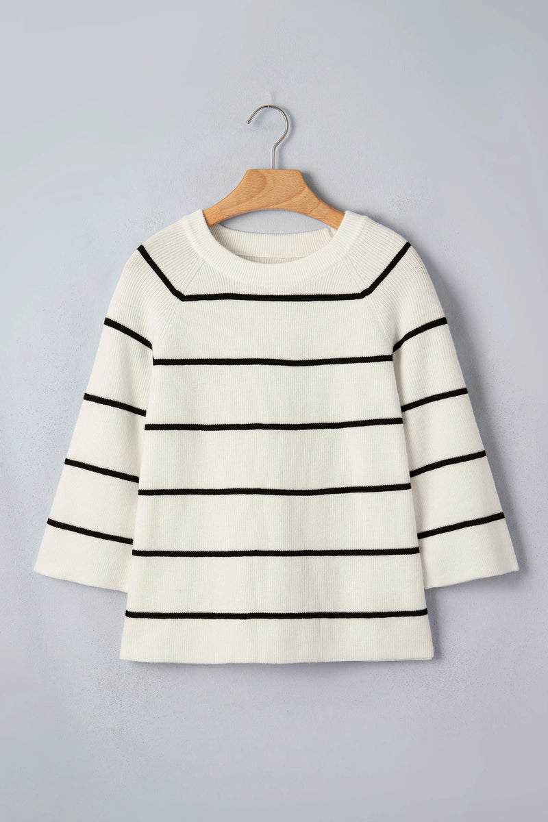 Load image into Gallery viewer, DLLS945 - Ladies White Stripe Ribbed Knit Half Sleeve Loose Sweater Tee
