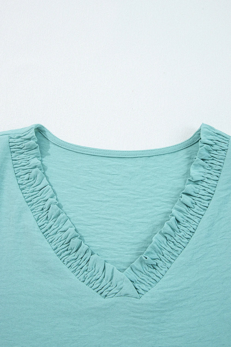Load image into Gallery viewer, DLLS328 - Ladies Moonlight Jade Frilled V Neckline Bracelet Sleeve Crinkled Blouse
