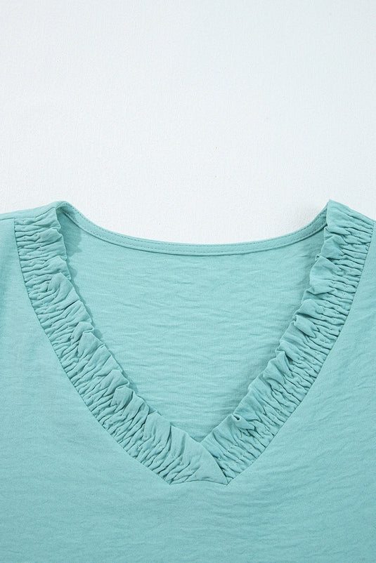 DLLS328 - Ladies Moonlight Jade Frilled V Neckline Bracelet Sleeve Crinkled Blouse