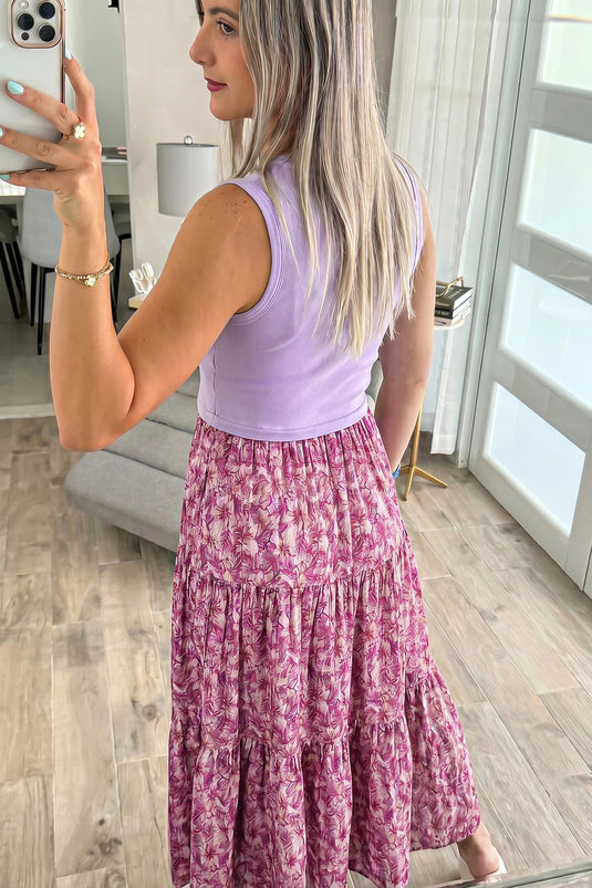 DLLS614 - Ladies Purple Ribbed V Neck Tank Floral Contrast Patchwork Long Dress