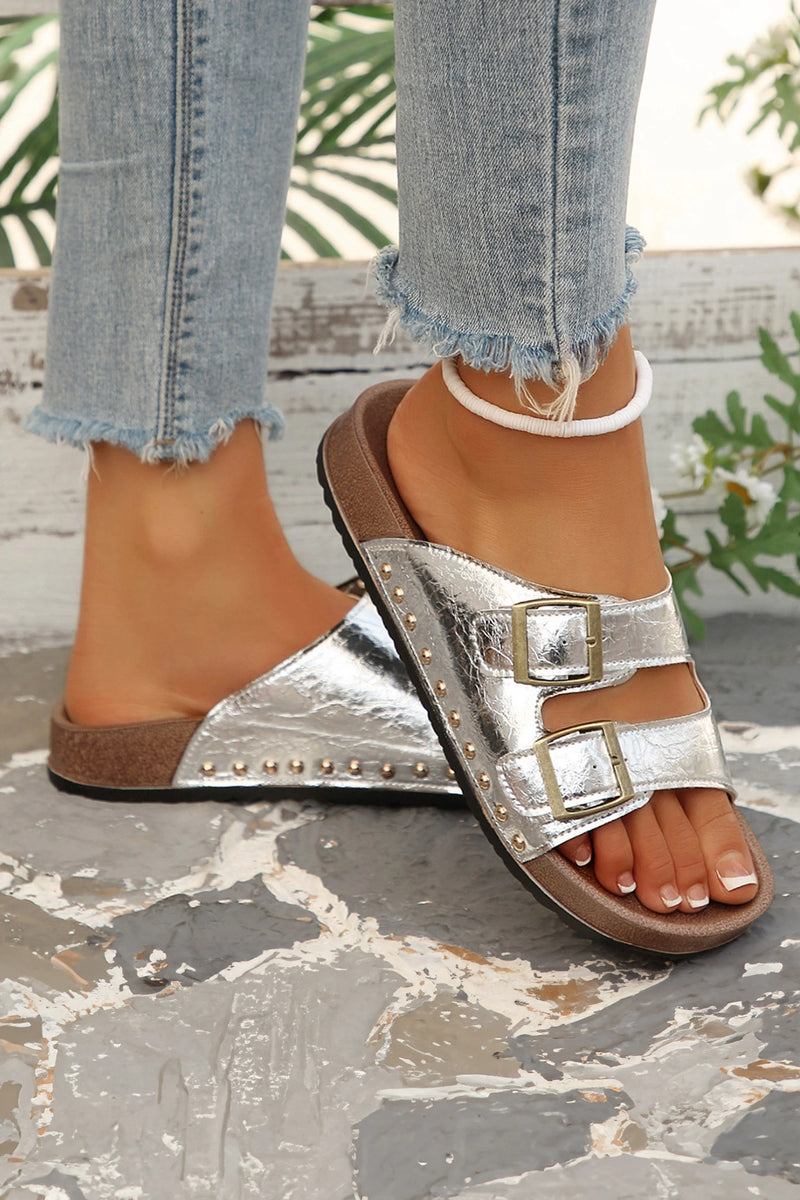 Load image into Gallery viewer, DLLSHOE 107 - Silvery Retro Buckle Cutout Straps PU Leather Studded Slippers

