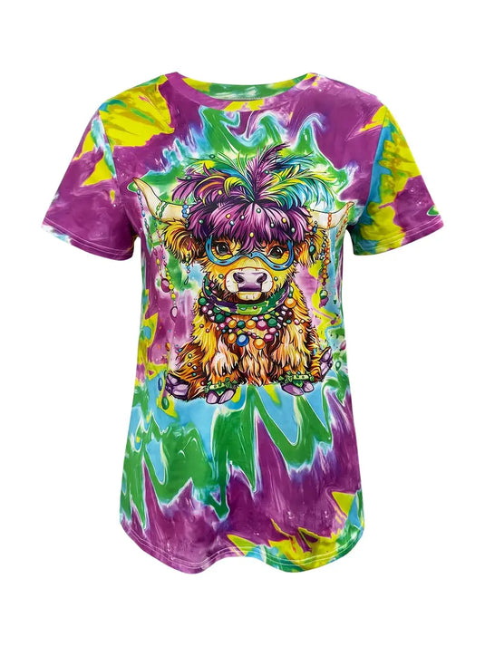 TMTSHT136 - Ladies Tie Dye Highland Cow Print T Shirt