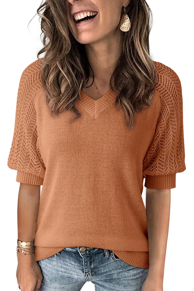 Load image into Gallery viewer, DLLS480 - Ladies Gold Flame Knit Contrast Hollowed Short Sleeve V Neck Sweater
