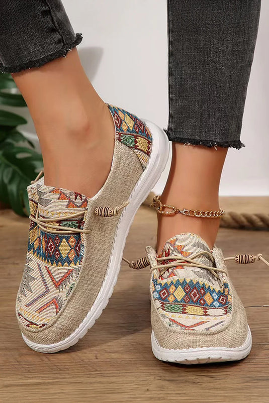 DLLSHOE 44 - Beige Geometric Lace-Up Decor Slip On Shoes