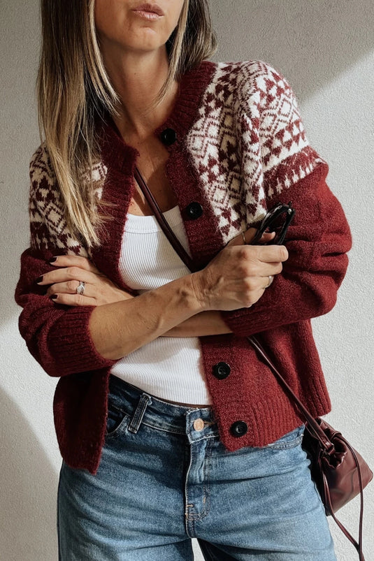 DLLS718 - Ladies Red Geometric Print Button Front Long Sleeve Knitwear Cardigan