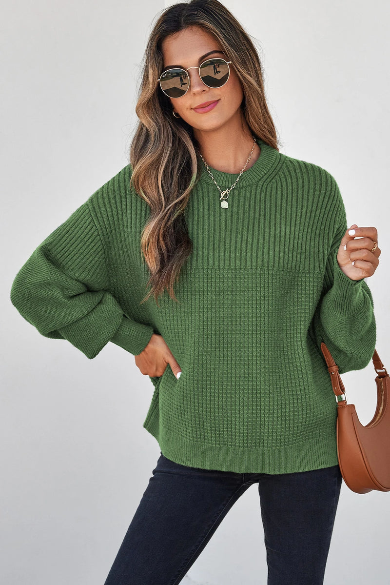 Load image into Gallery viewer, DLLS243 - Ladies Vineyard Green Solid Color Mixed Textured Knitted Crew Neck Sweater
