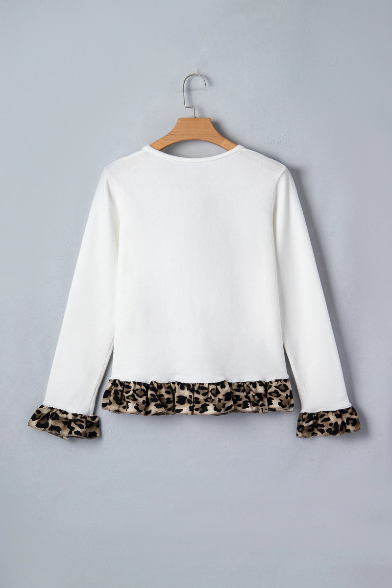 Load image into Gallery viewer, DLLS371 - Ladies White Knitted Leopard Ruffle Patchwork Button Down Cropped Cardigan

