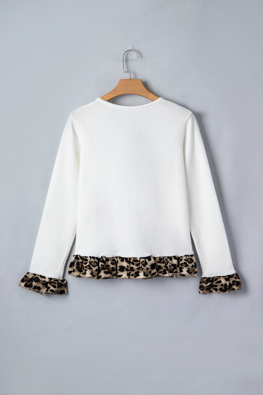 DLLS371 - Ladies White Knitted Leopard Ruffle Patchwork Button Down Cropped Cardigan