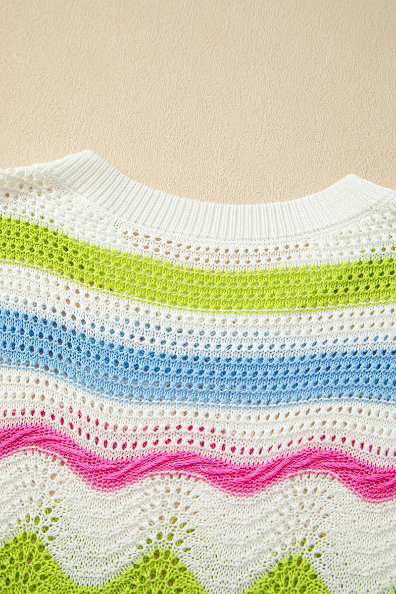 Load image into Gallery viewer, DLLS570 - Ladies White Color Block Crochet Knit Ruffled Short Sleeve Sweater Top
